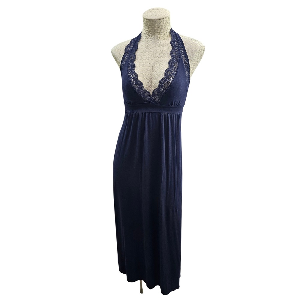 Only Hearts Halter Maxi night Dress lingerie Womens XS Navy Blue Lace Trim USA